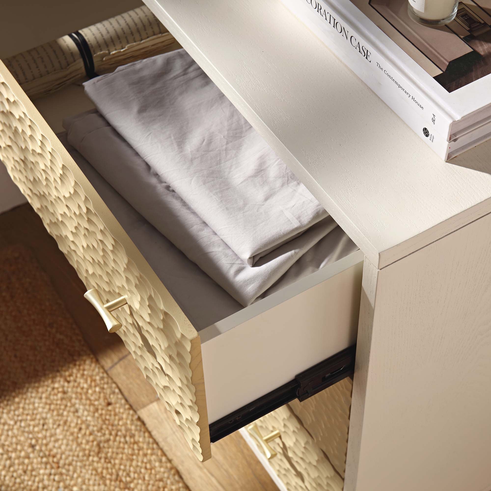 Bianca Chip Carved 3 Drawer Dresser, Sand Beige & Ivory Bianca Chip Carved 3 Drawer Dresser, Sand Beige & Ivory