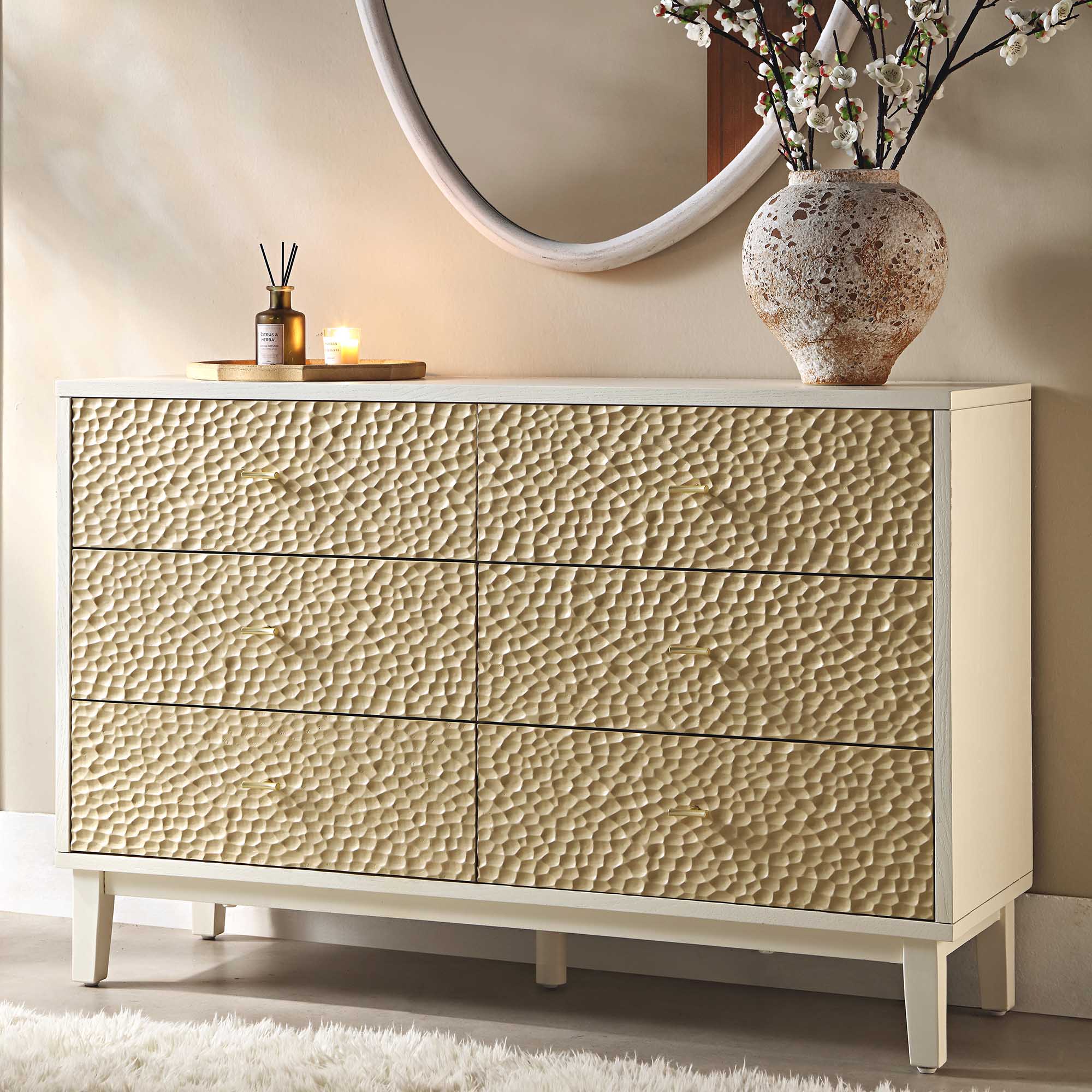 Bianca Chip Carved 6 Drawer Dresser, Sand Beige & Ivory - daals - Chest of Drawers Bianca Chip Carved 6 Drawer Dresser, Sand Beige & Ivory - daals - Chest of Drawers