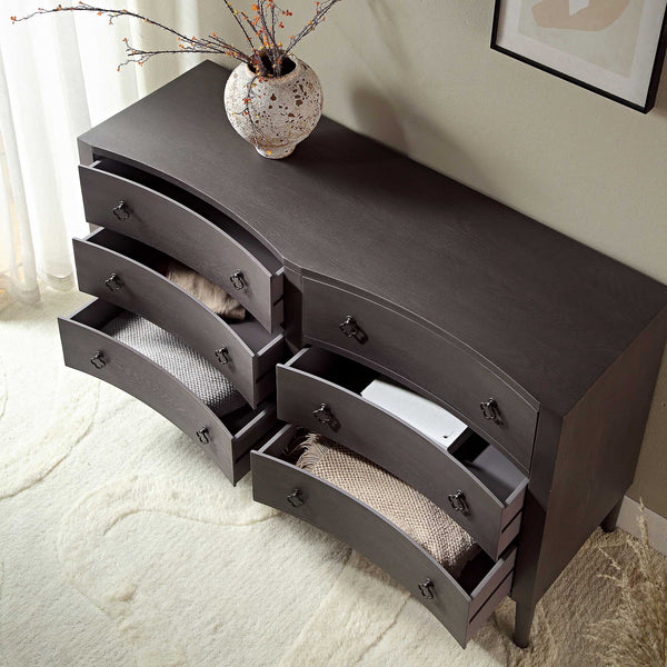 Thalia Concave Double Six Drawer Dresser, Silver Oak
