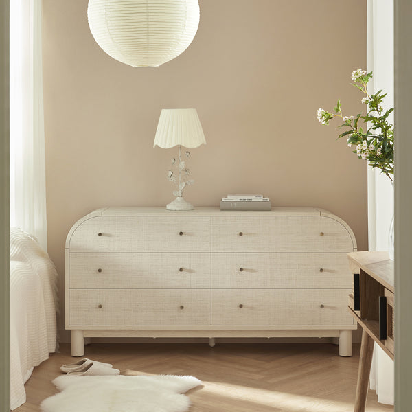 Maude 6 Drawer Dresser, Washed White Ash with Raffia