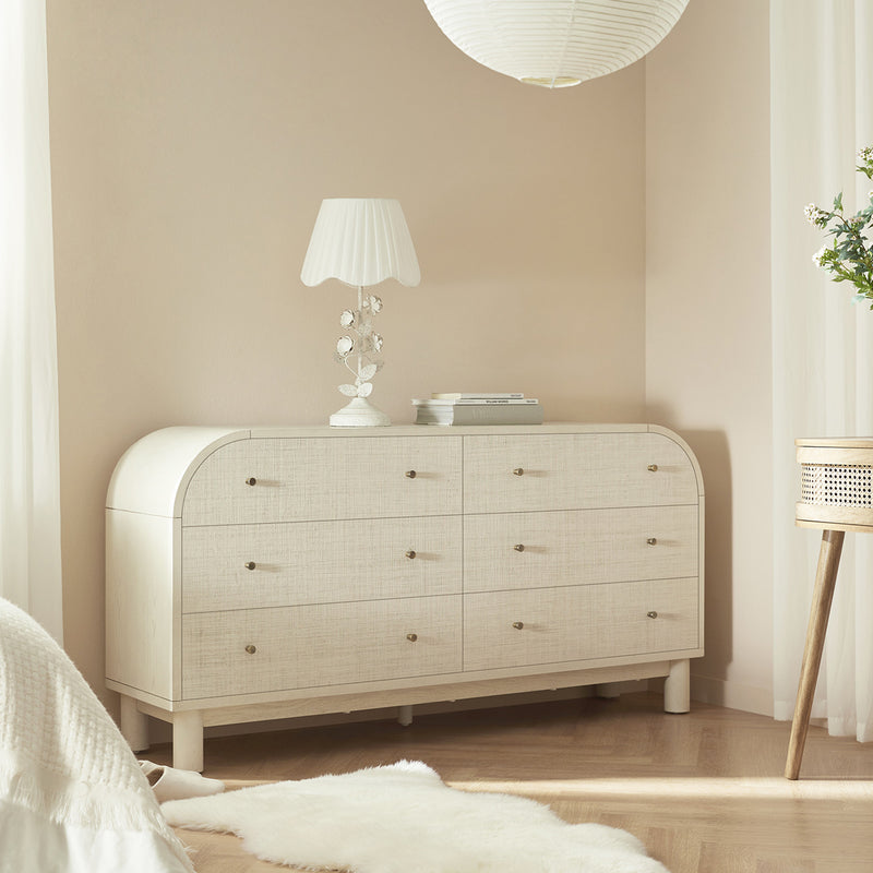 Maude 6 Drawer Dresser, Washed White Ash with Raffia
