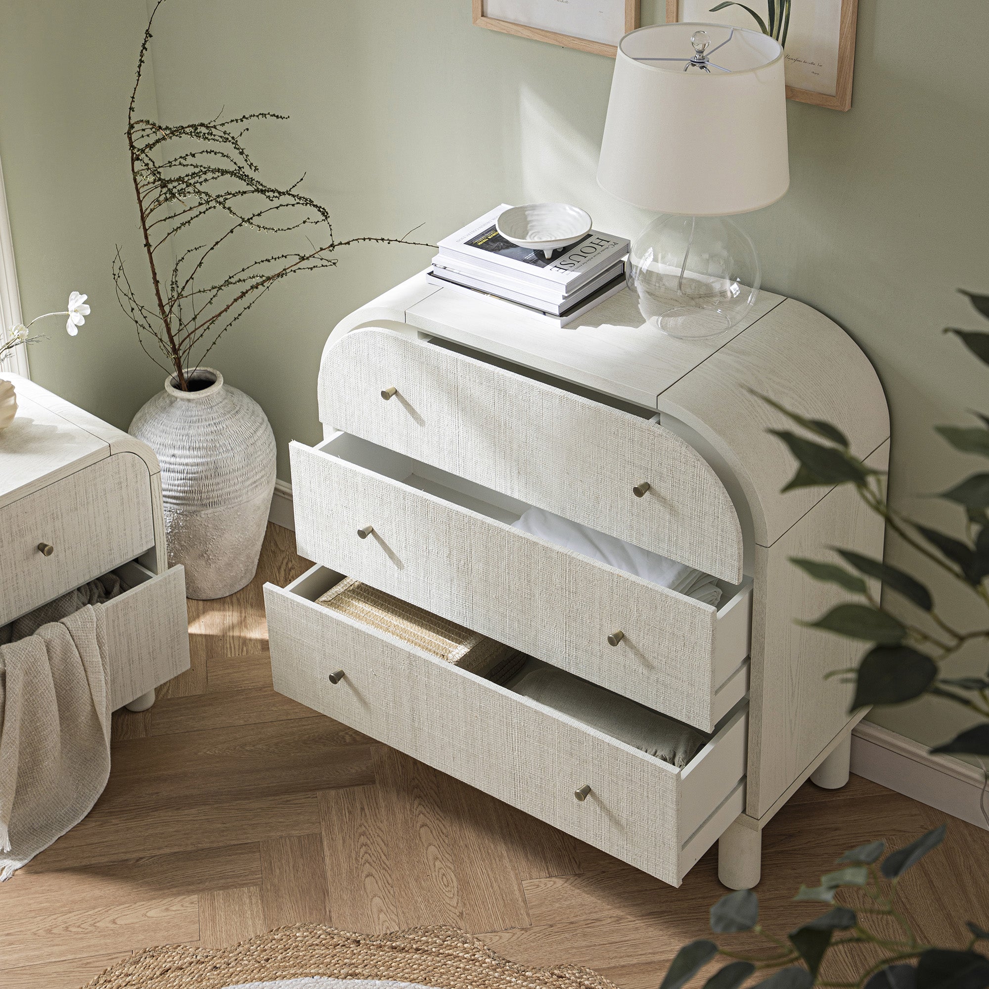 Maude 3 Drawer Dresser, Washed White Ash with Raffia Maude 3 Drawer Dresser, Washed White Ash with Raffia