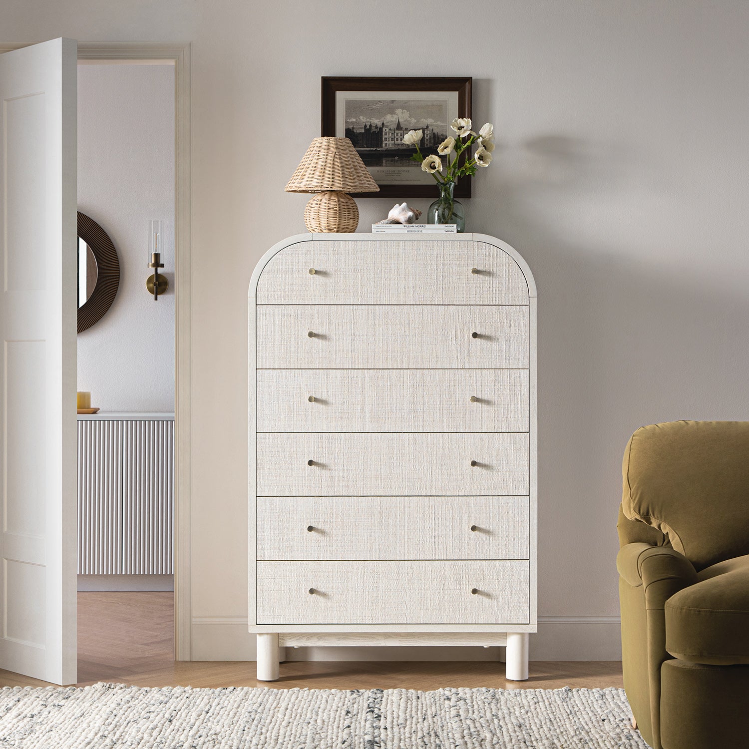 Maude Tall Dresser, Washed White Ash with Raffia