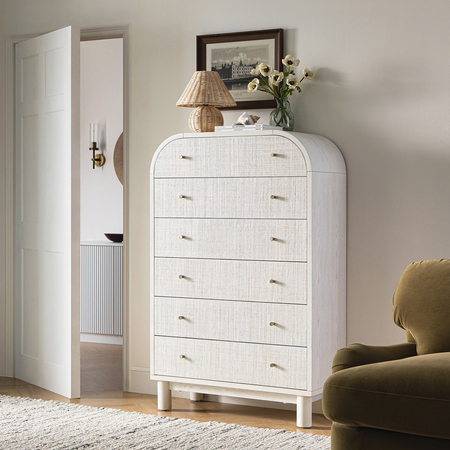 Maude Tall Dresser, Washed White Ash with Raffia