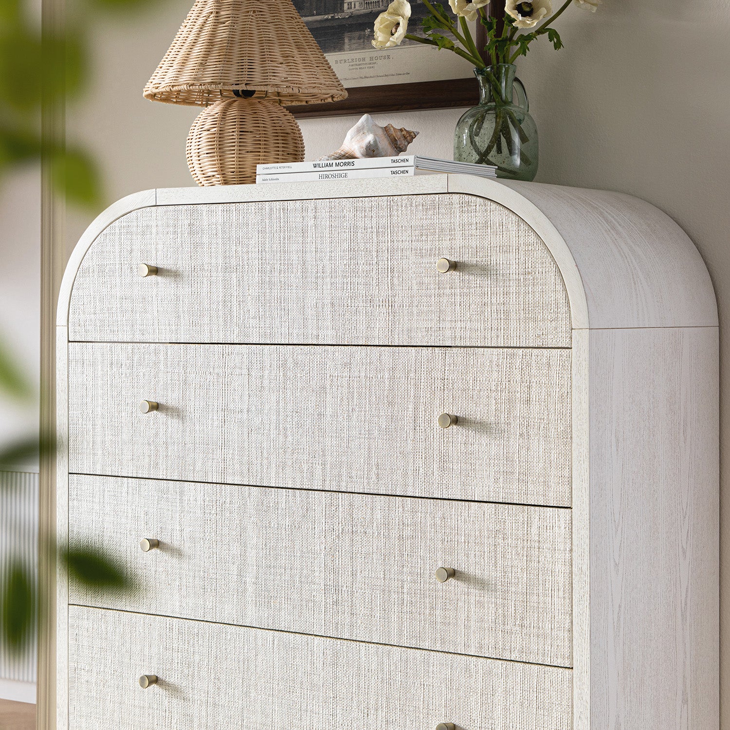 Maude Tall Dresser, Washed White Ash with Raffia