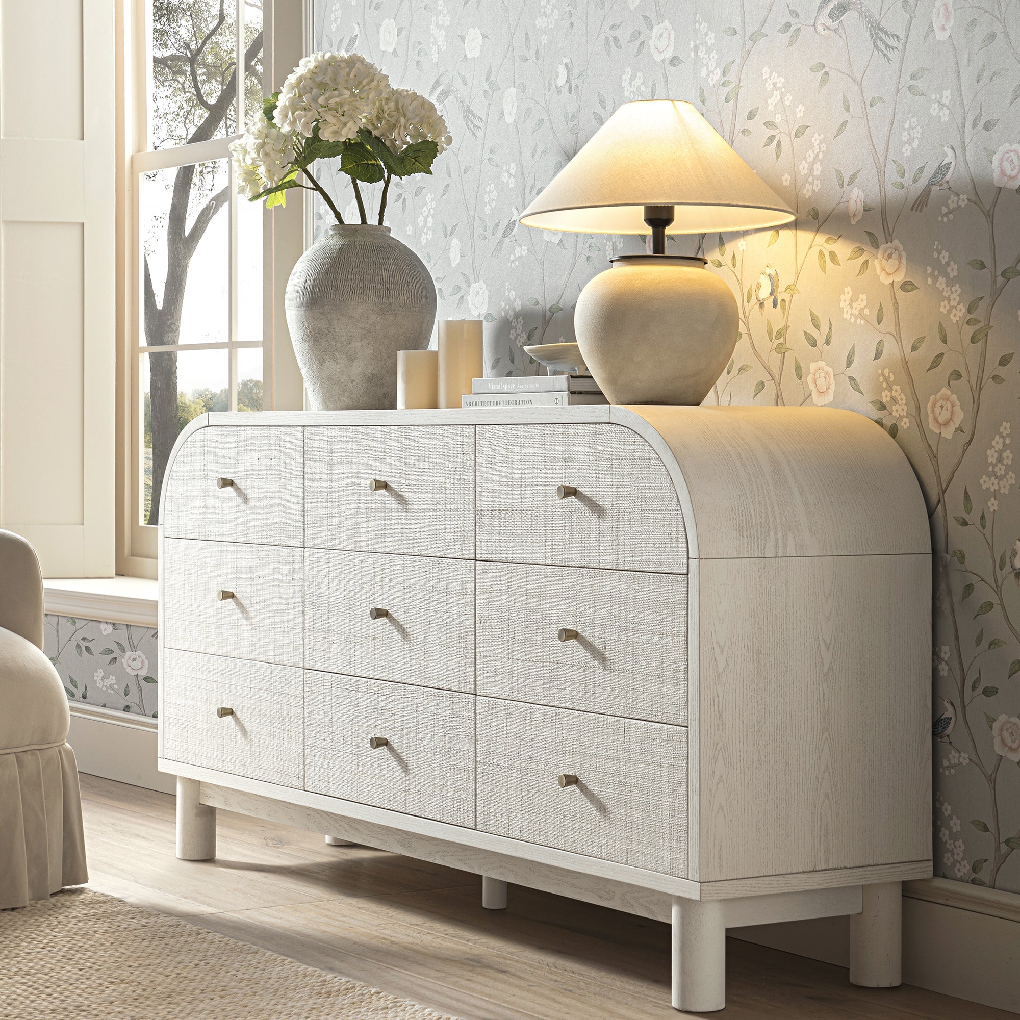 Maude 9 Drawer Dresser, Washed White Ash with Raffia Maude 9 Drawer Dresser, Washed White Ash with Raffia