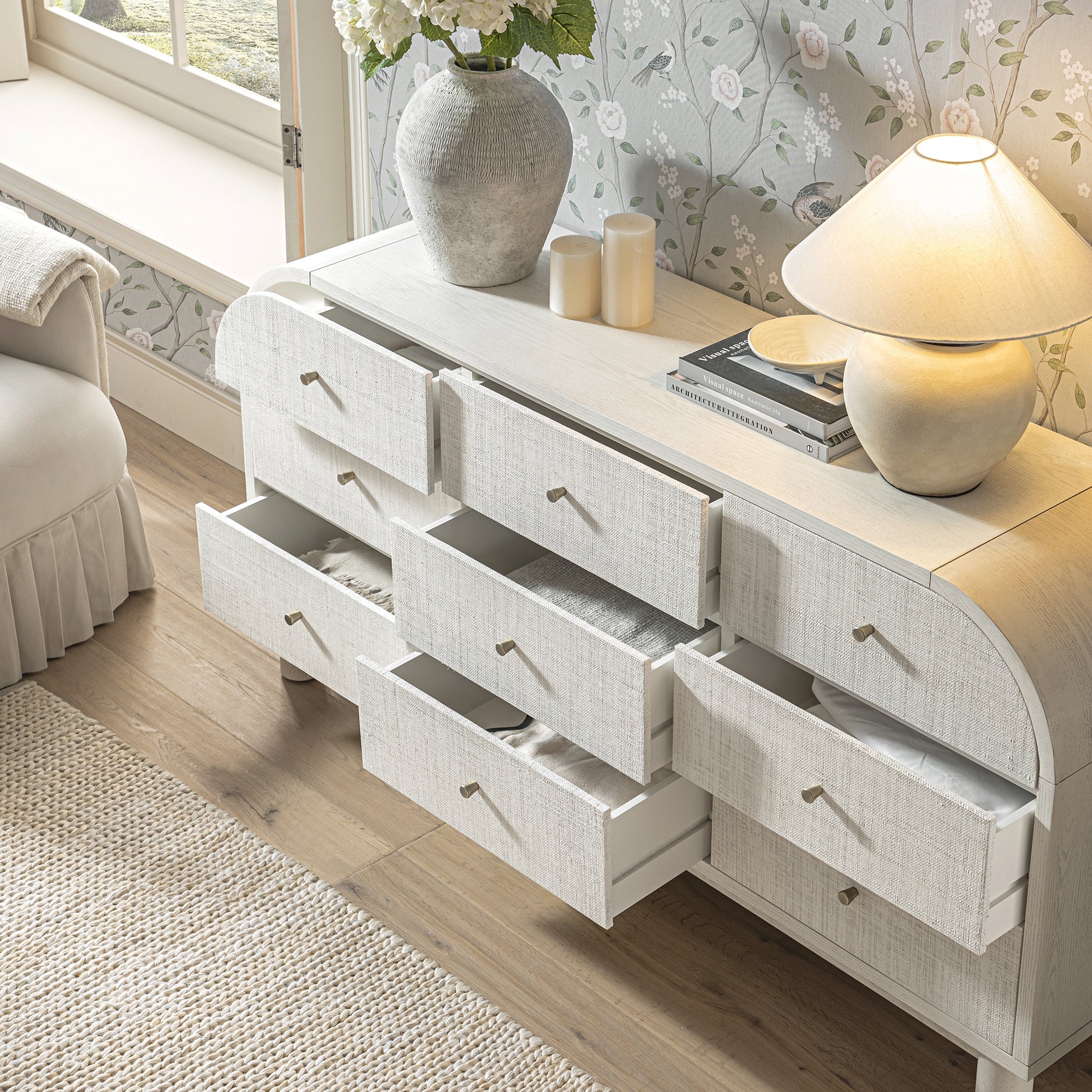 9 drawer dresser white Maude 9 Drawer Dresser, Washed White Ash with Raffia