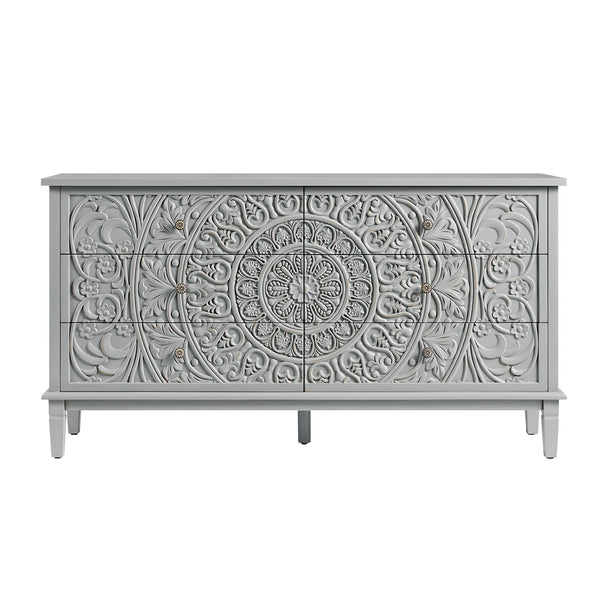 Chantilly Mid Gray Carved Wide 6 Drawer Dresser