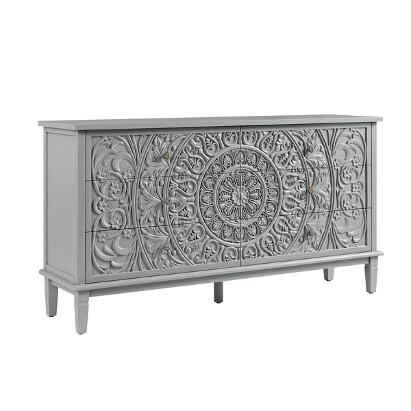 Chantilly Mid Gray Carved Wide 6 Drawer Dresser