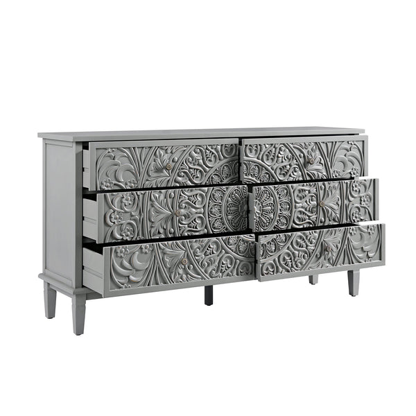 Chantilly Mid Gray Carved Wide 6 Drawer Dresser