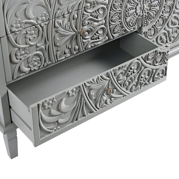Chantilly Mid Gray Carved Wide 6 Drawer Dresser