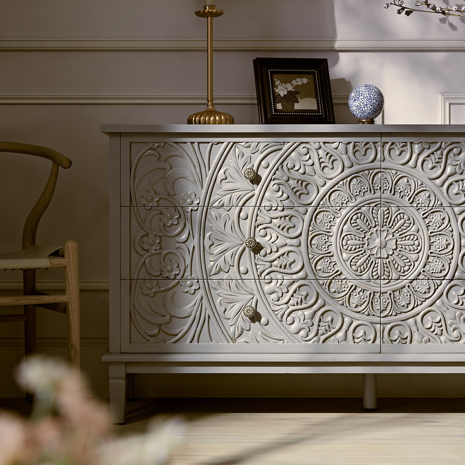 Chantilly Mid Gray Carved Wide 6 Drawer Dresser