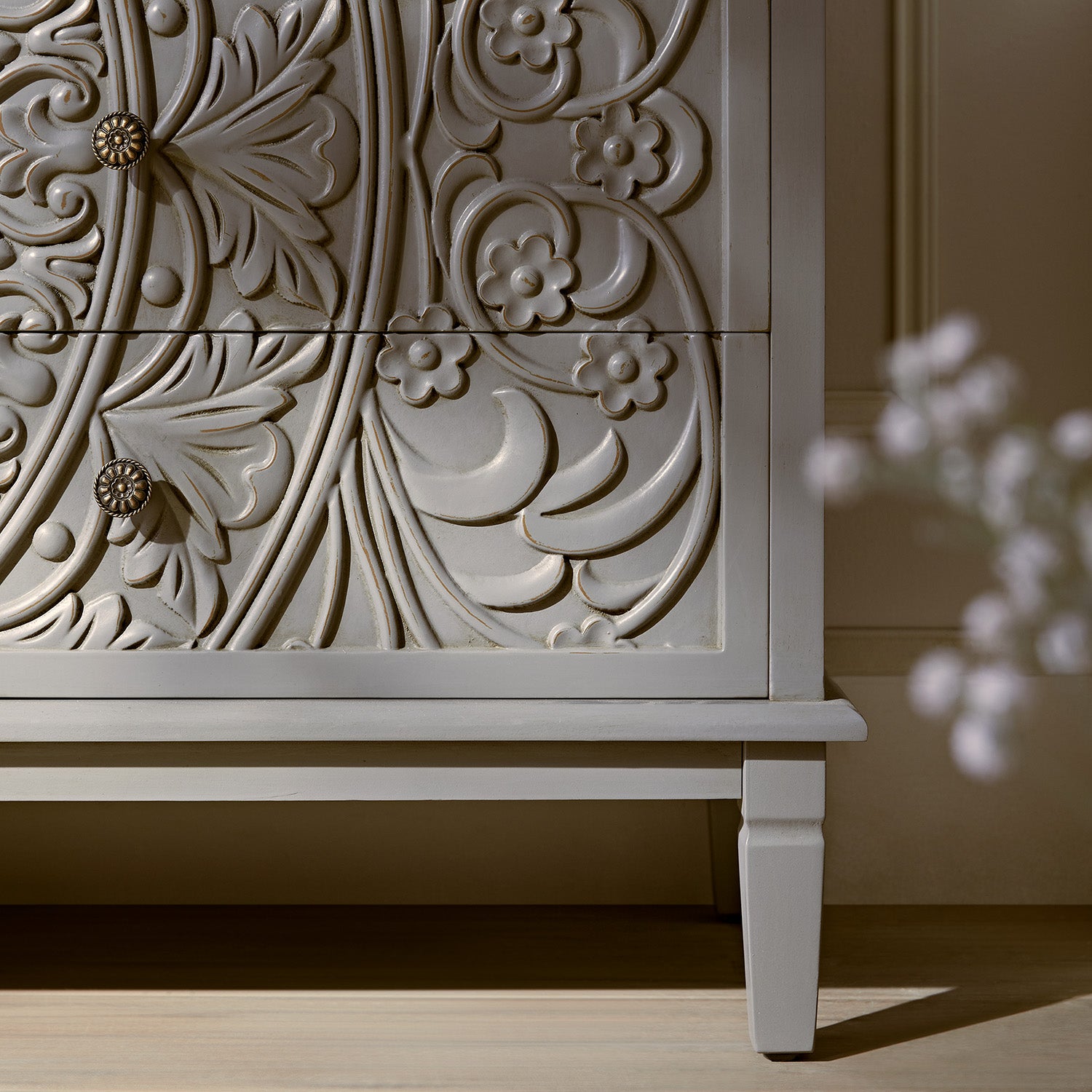 Chantilly Mid Gray Carved Wide 6 Drawer Dresser