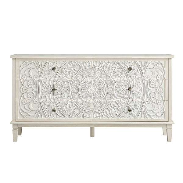 Chantilly Whitewashed Carved Wide 6 Drawer Dresser