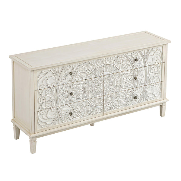 Chantilly Whitewashed Carved Wide 6 Drawer Dresser