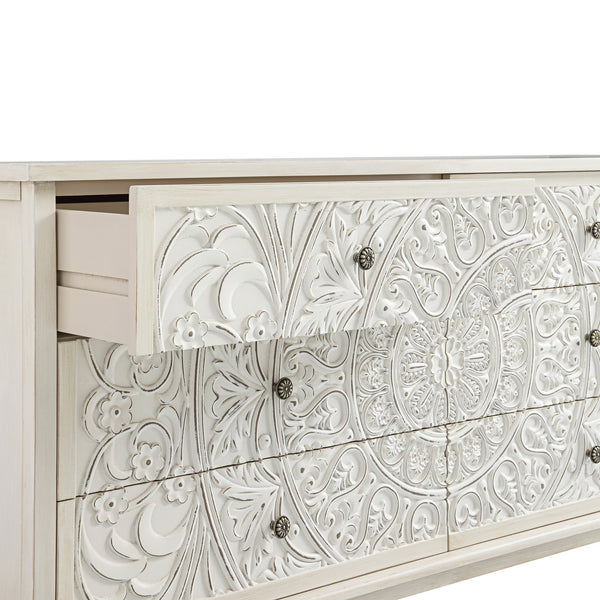 Chantilly Whitewashed Carved Wide 6 Drawer Dresser