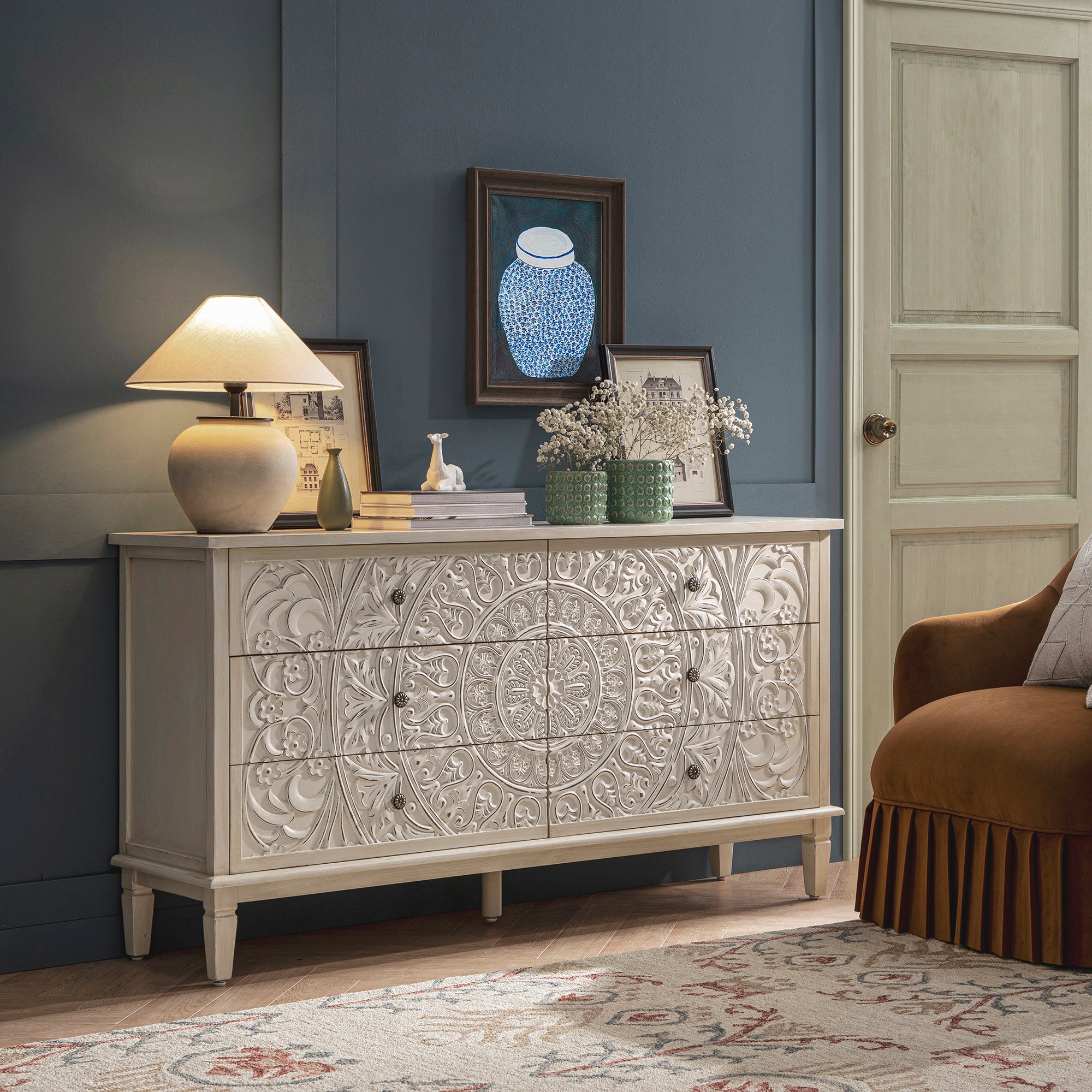 Chantilly Whitewashed Carved Wide 6 Drawer Dresser Chantilly Whitewashed Carved Wide 6 Drawer Dresser