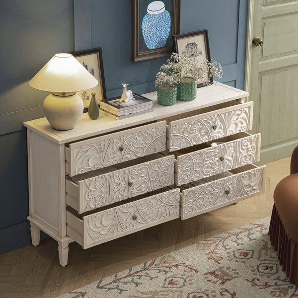 Chantilly Whitewashed Carved Wide 6 Drawer Dresser