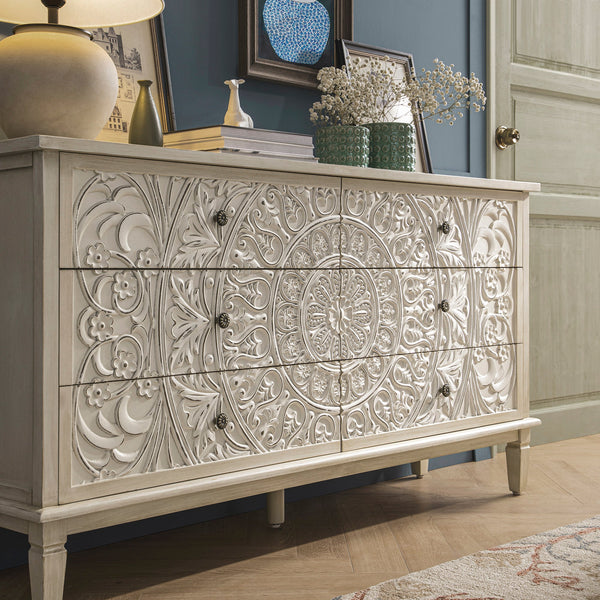 Chantilly Whitewashed Carved Wide 6 Drawer Dresser