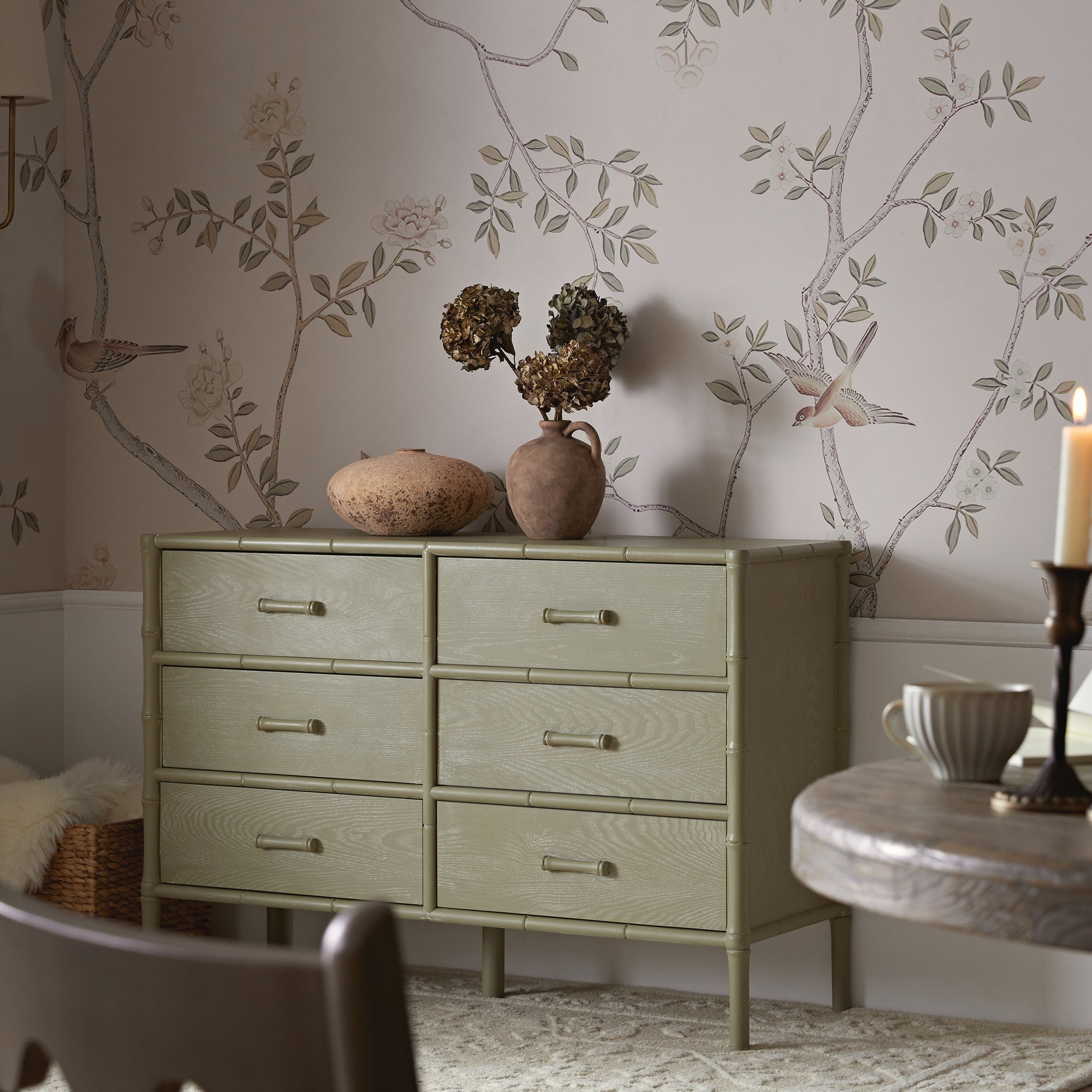 Elstowe Faux Bamboo 6-Drawer Dresser, Sage Green