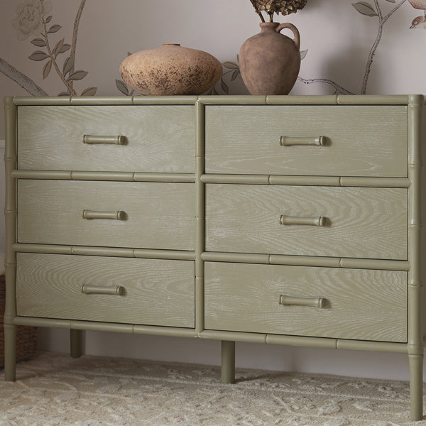 Elstowe Faux Bamboo 6-Drawer Dresser, Sage Green