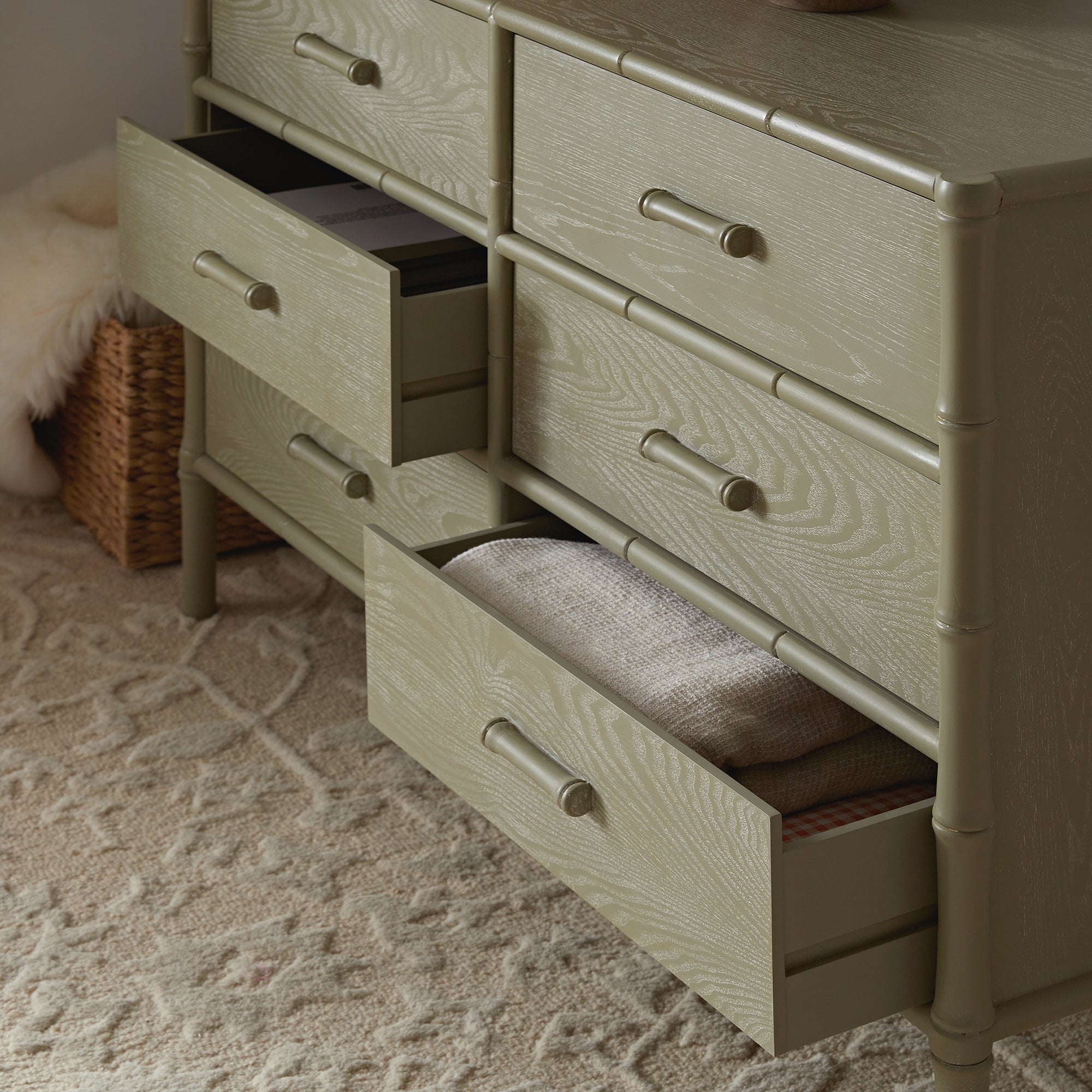 Elstowe Faux Bamboo 6-Drawer Dresser, Sage Green