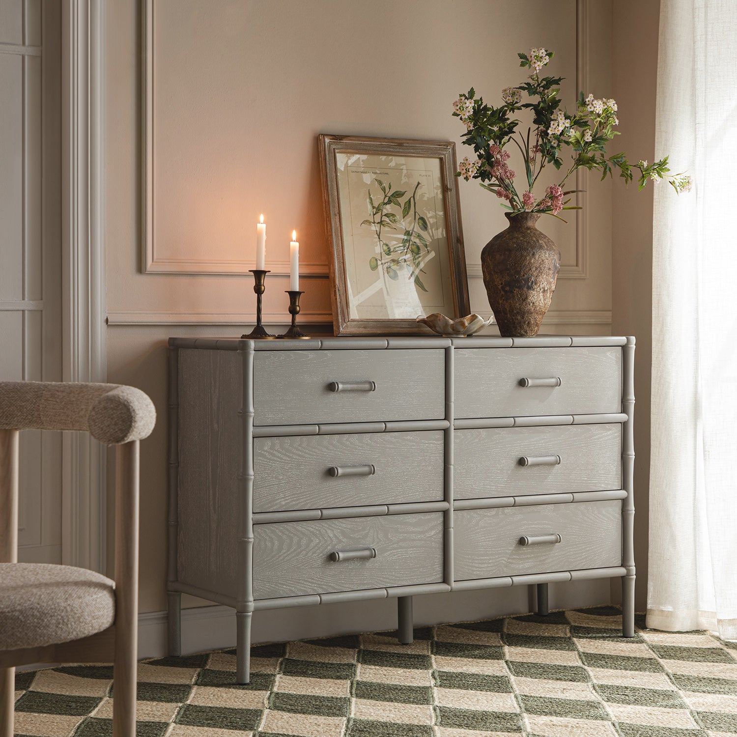 Elstowe Faux Bamboo 6-Drawer Dresser, Warm Gray