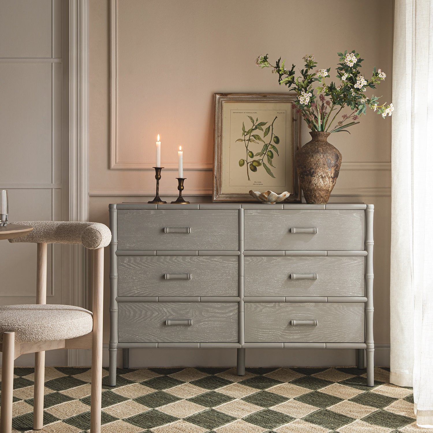 Elstowe Faux Bamboo 6-Drawer Dresser, Warm Gray