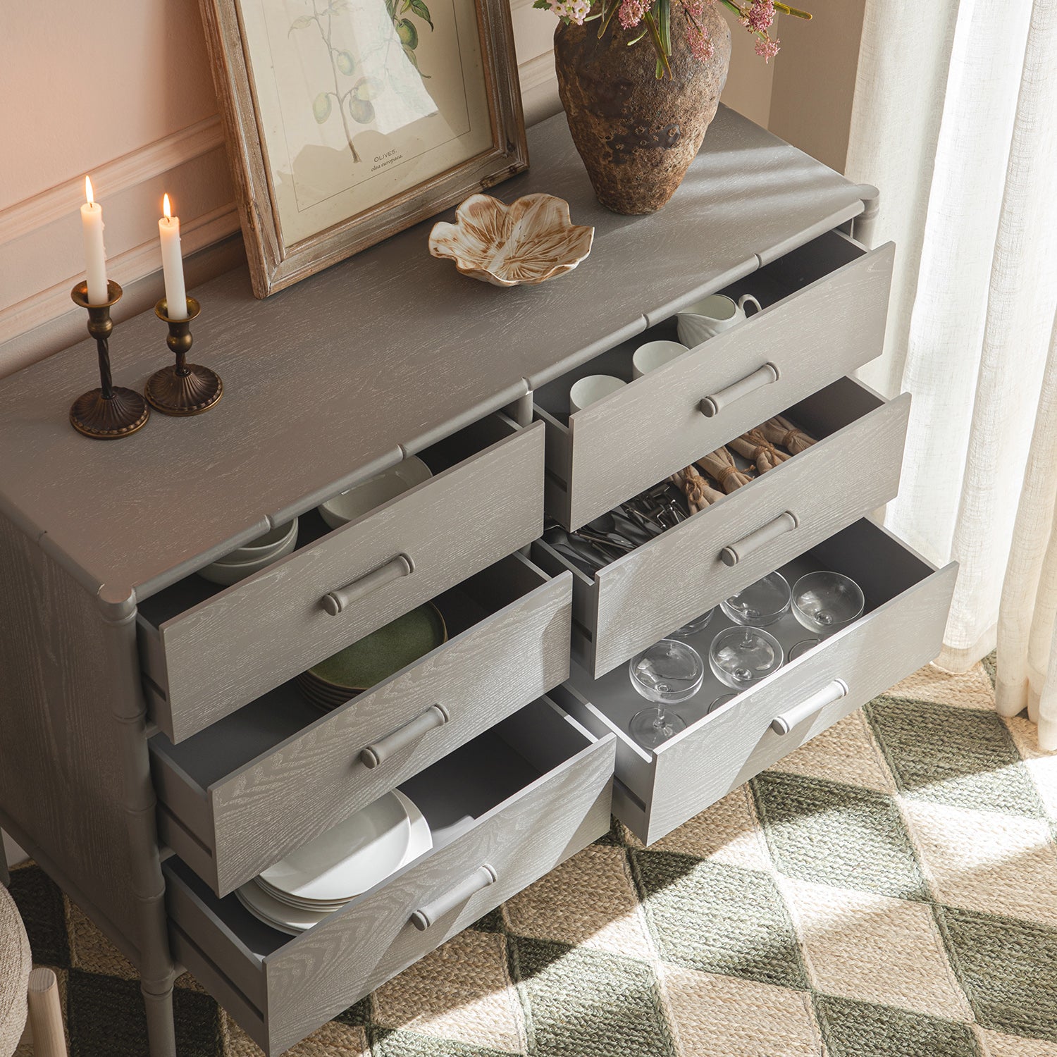 Elstowe Faux Bamboo 6-Drawer Dresser, Warm Gray