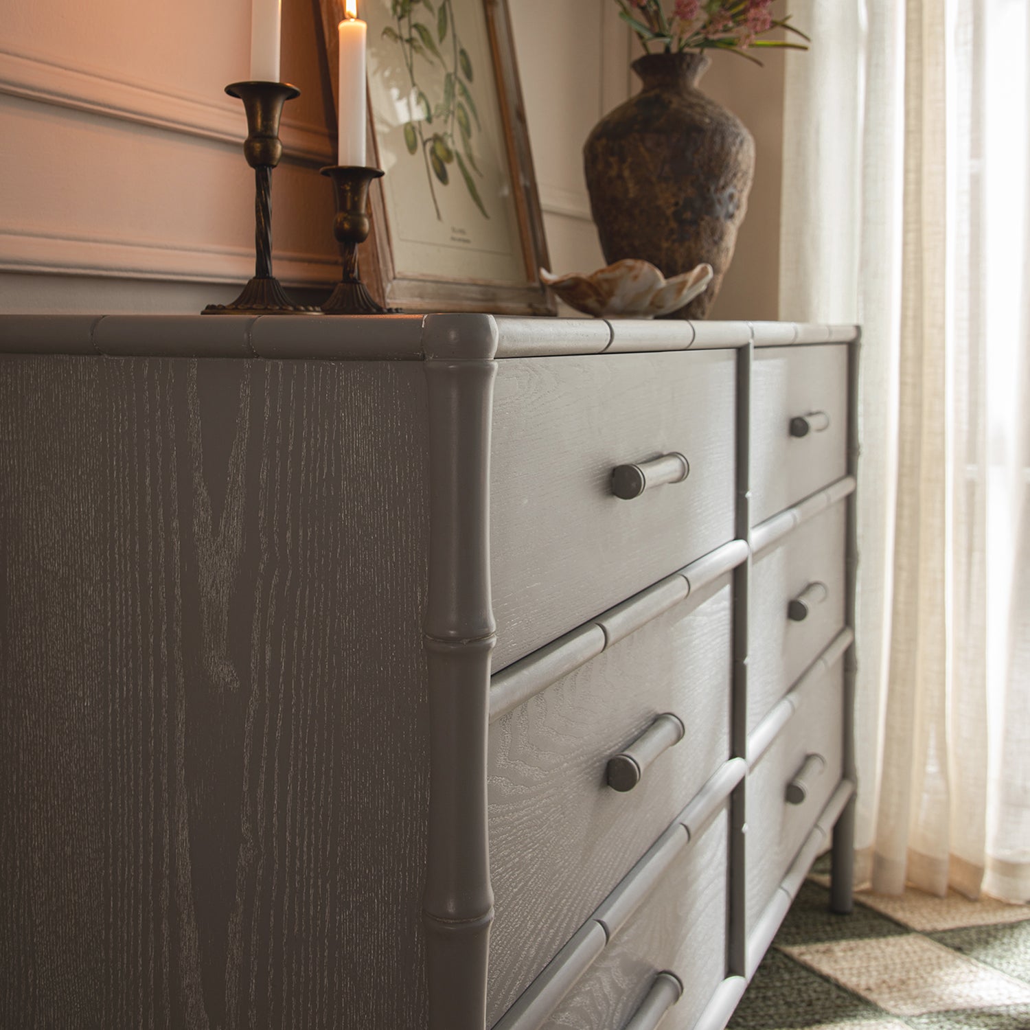 Elstowe Faux Bamboo 6-Drawer Dresser, Warm Gray