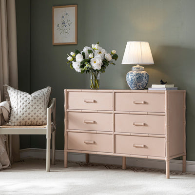 Elstowe Faux Bamboo 6-Drawer Dresser, Nude Pink