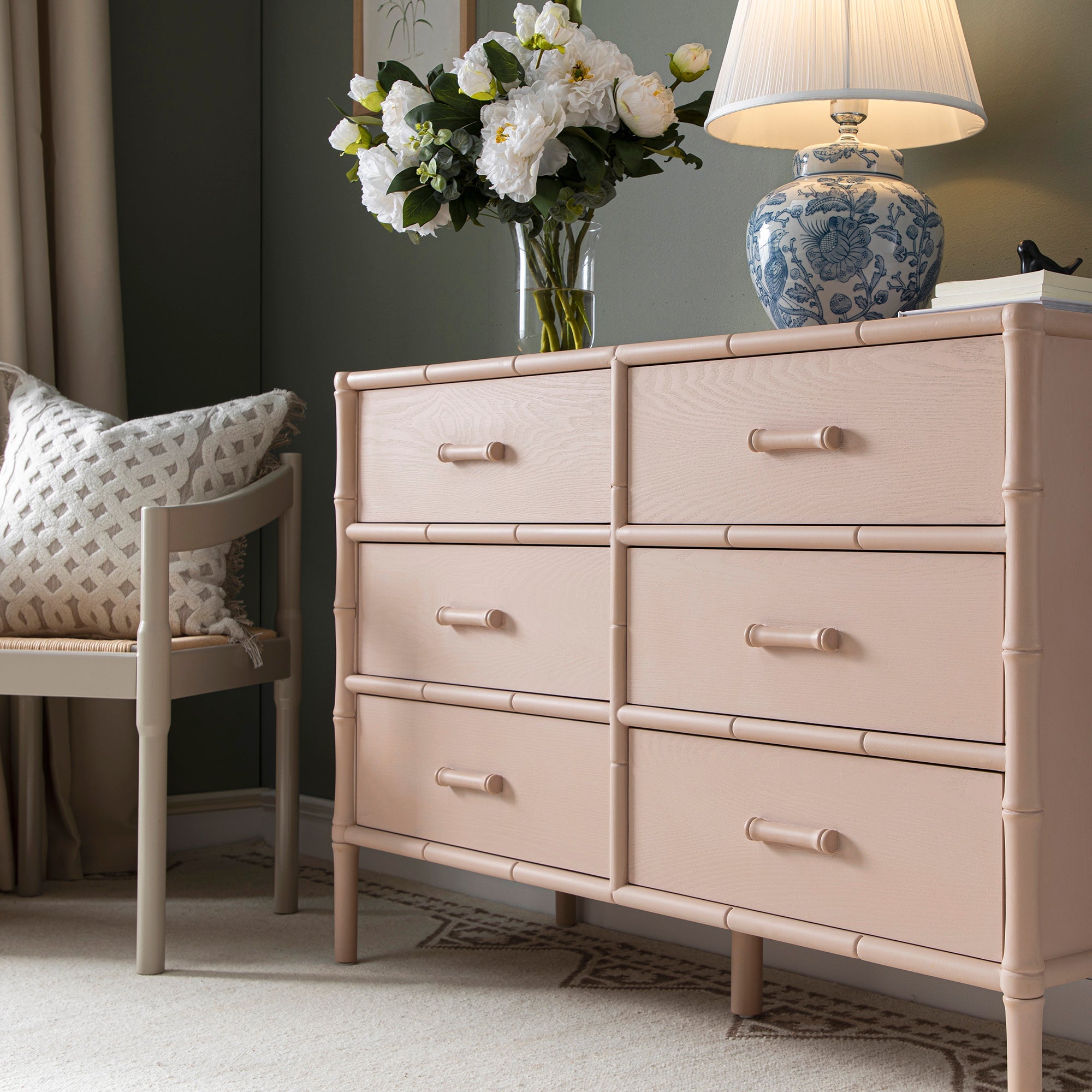 Elstowe Faux Bamboo 6-Drawer Dresser, Nude Pink