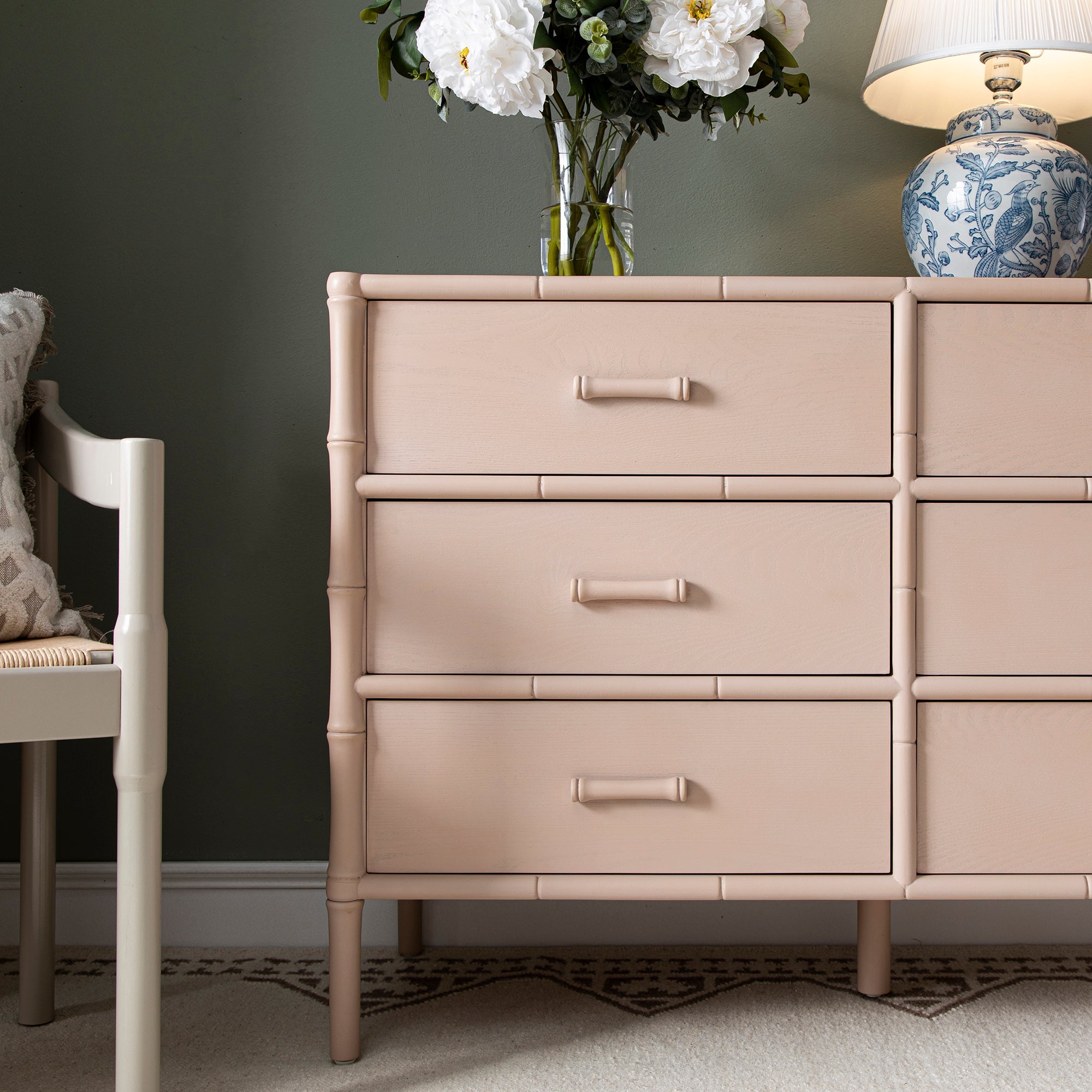 Elstowe Faux Bamboo 6-Drawer Dresser, Nude Pink