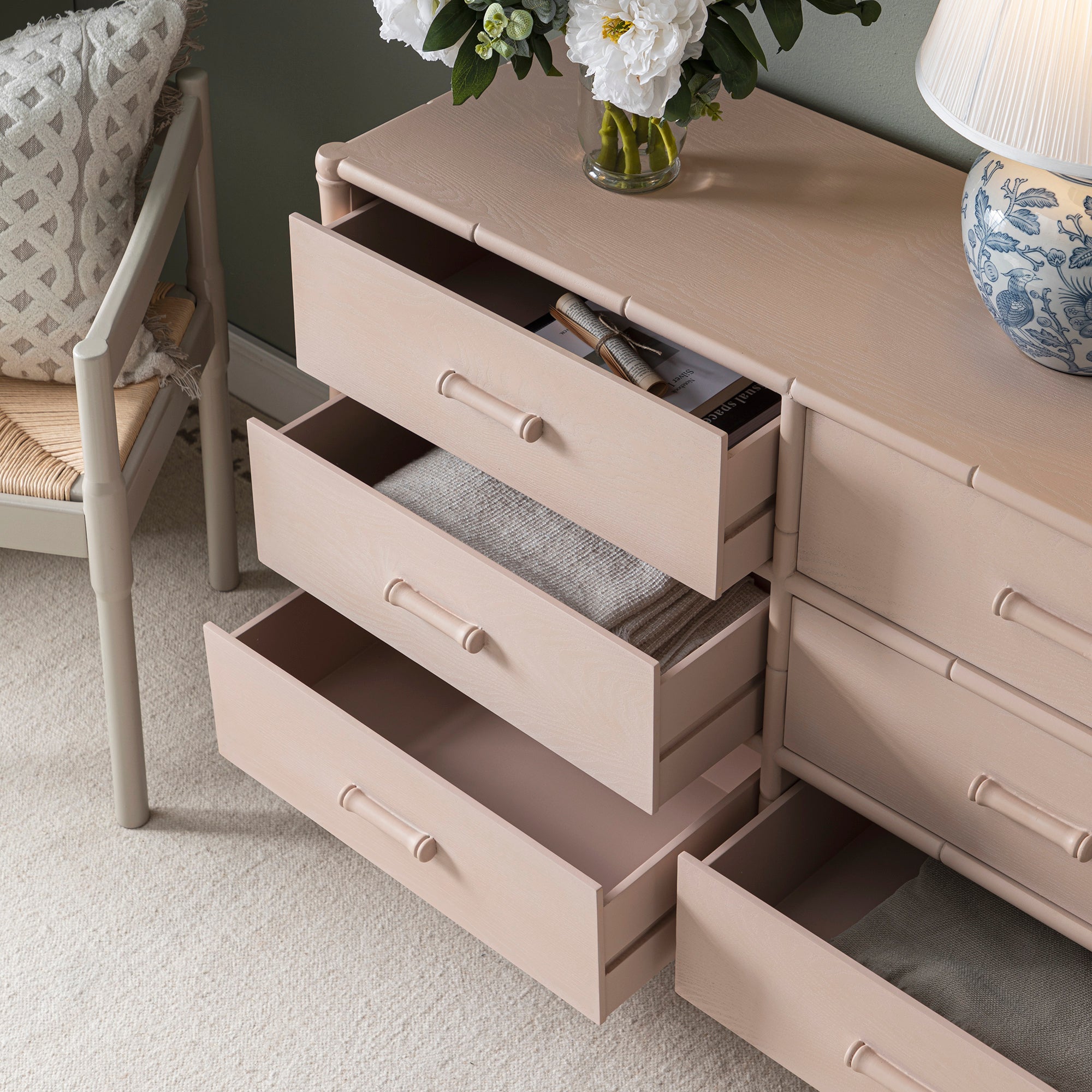 Elstowe Faux Bamboo 6-Drawer Dresser, Nude Pink