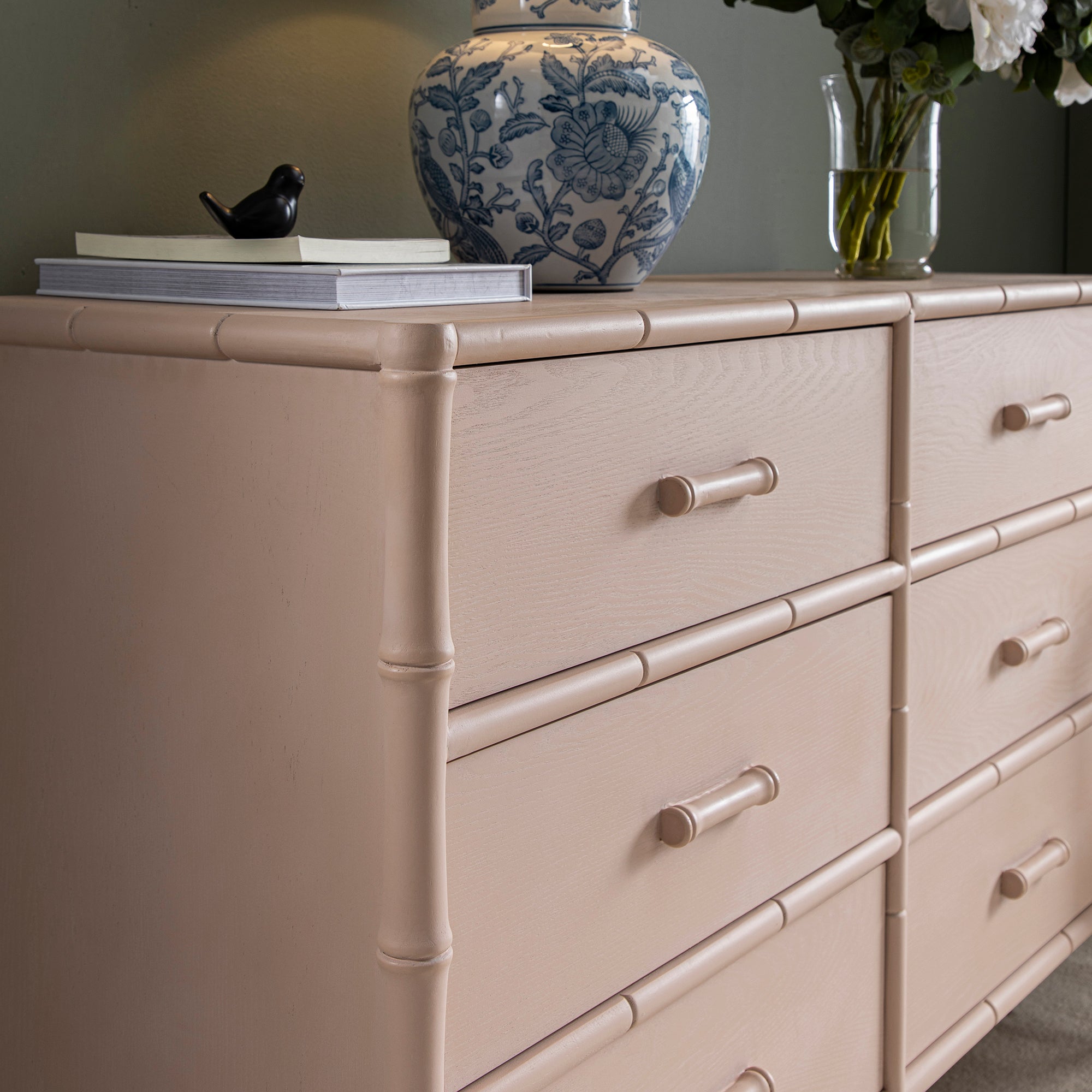 Elstowe Faux Bamboo 6-Drawer Dresser, Nude Pink