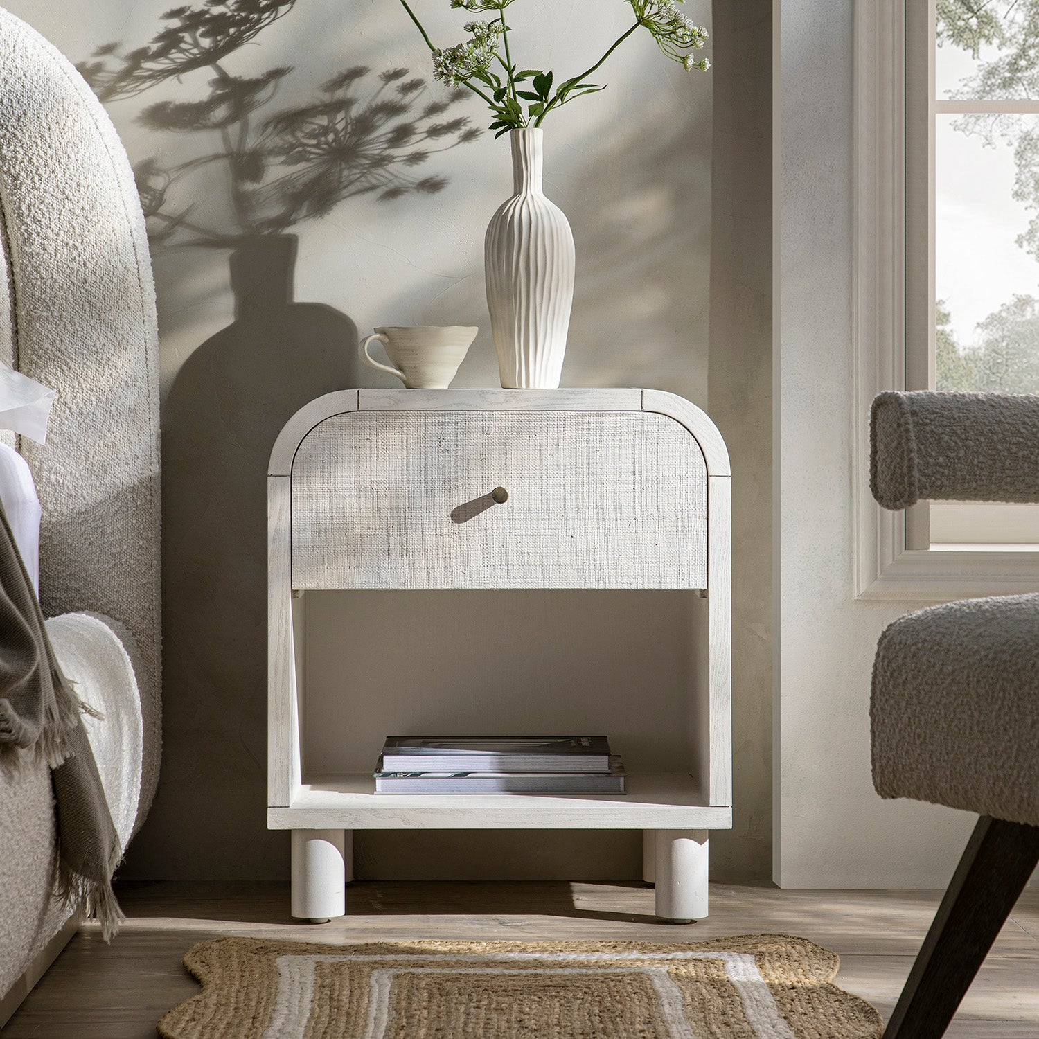 Maude 1 Drawer Nightstand, Washed White Ash with Raffia