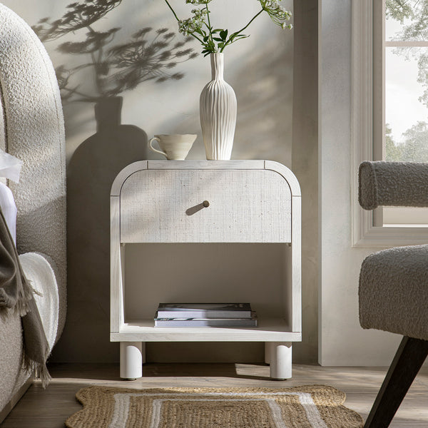 Maude 1 Drawer Nightstand, Washed White Ash with Raffia | daals.com