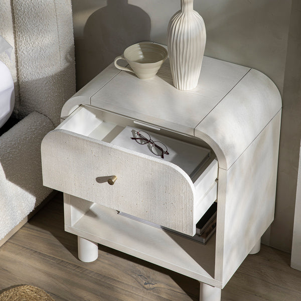 Maude 1 Drawer Nightstand, Washed White Ash with Raffia