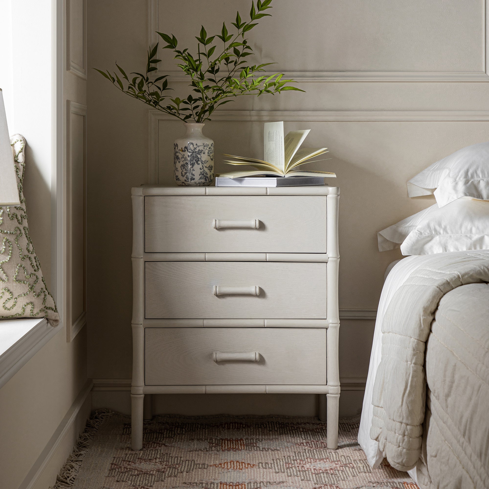 Elstowe Faux Bamboo 3-Drawer Nightstand, Shaded White