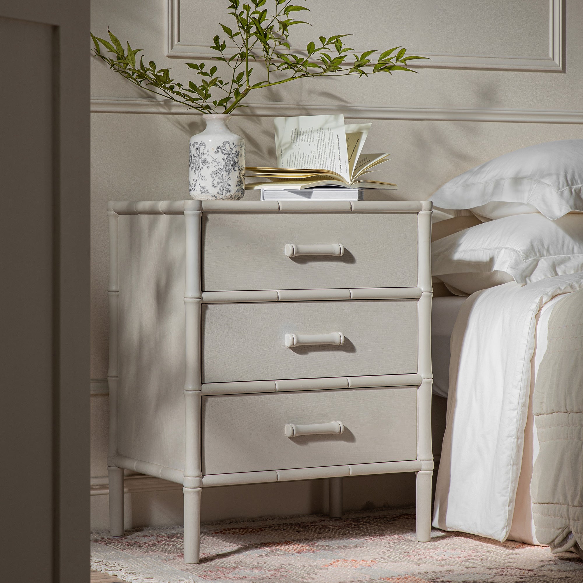 Elstowe Faux Bamboo 3-Drawer Nightstand, Shaded White