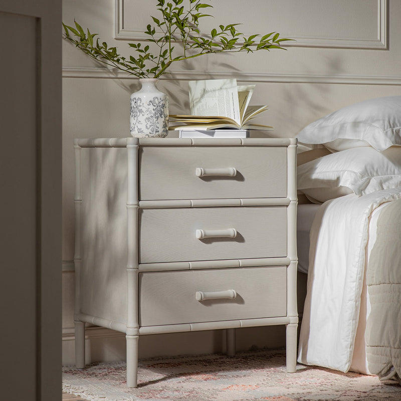 Elstowe Faux Bamboo 3-Drawer Nightstand, Shaded White