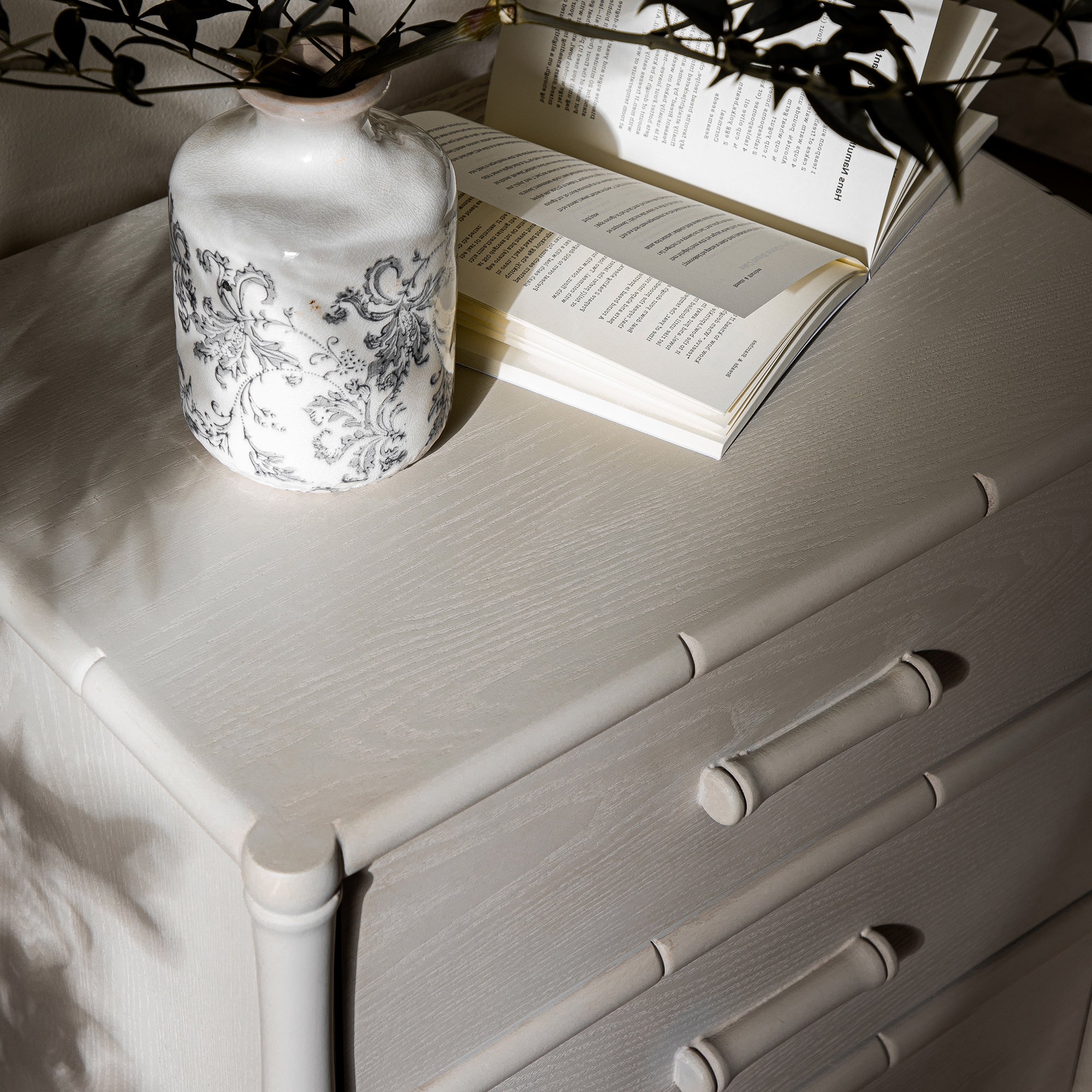 Elstowe Faux Bamboo 3-Drawer Nightstand, Shaded White