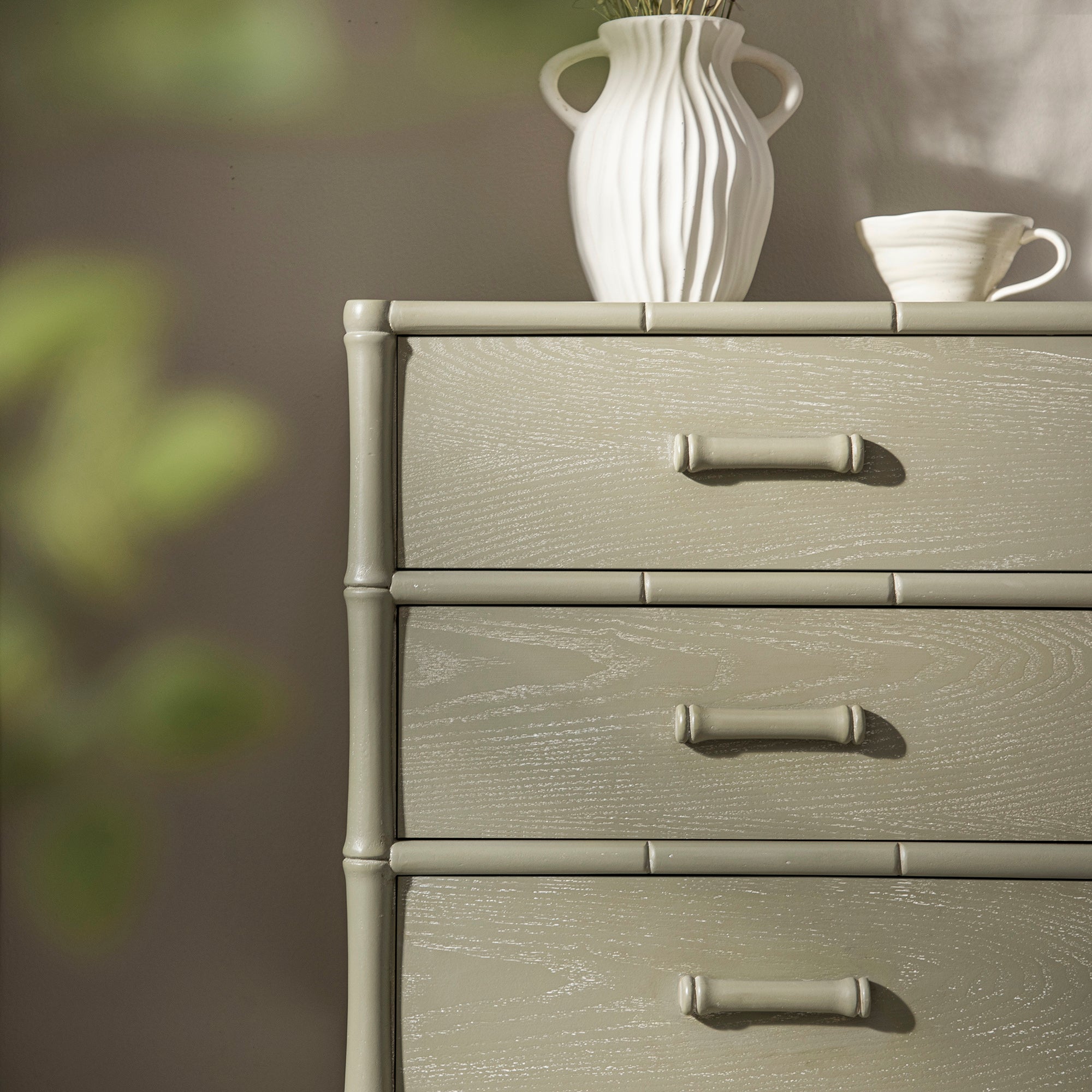 Elstowe Faux Bamboo 3-Drawer Nightstand, Sage Green