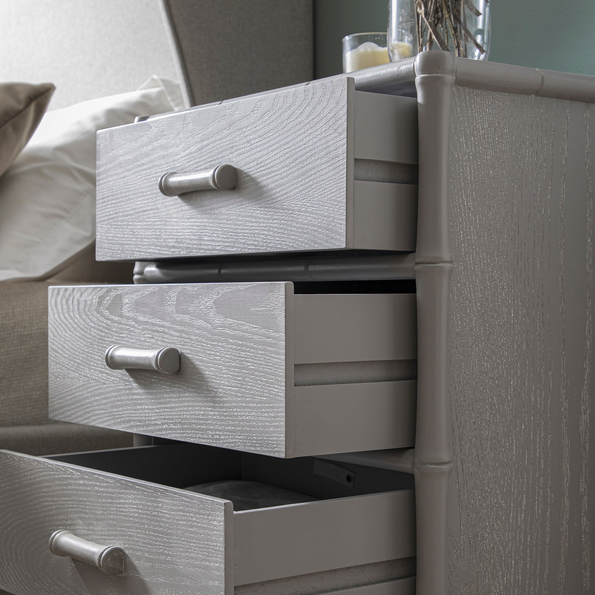 Elstowe Faux Bamboo 3-Drawer Nightstand, Warm Gray