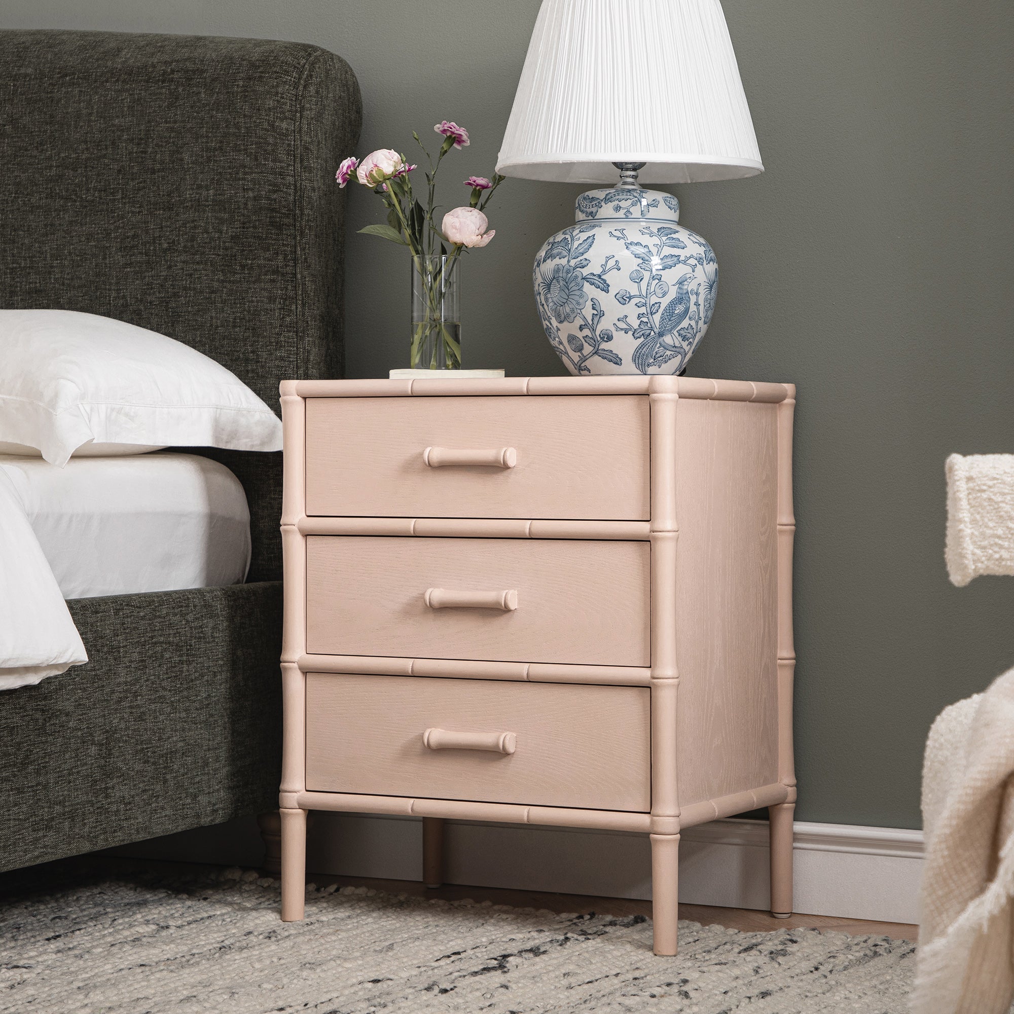 Elstowe Faux Bamboo 3-Drawer Nightstand, Nude Pink