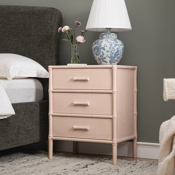 Elstowe Faux Bamboo 3-Drawer Nightstand, Nude Pink