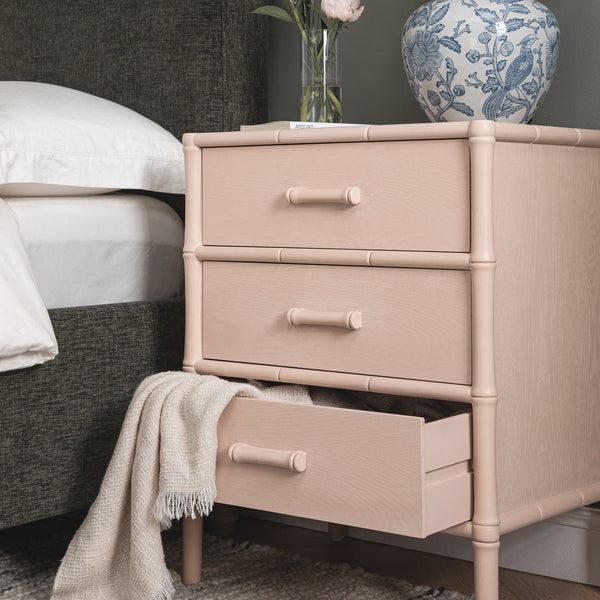 Elstowe Faux Bamboo 3-Drawer Nightstand, Nude Pink