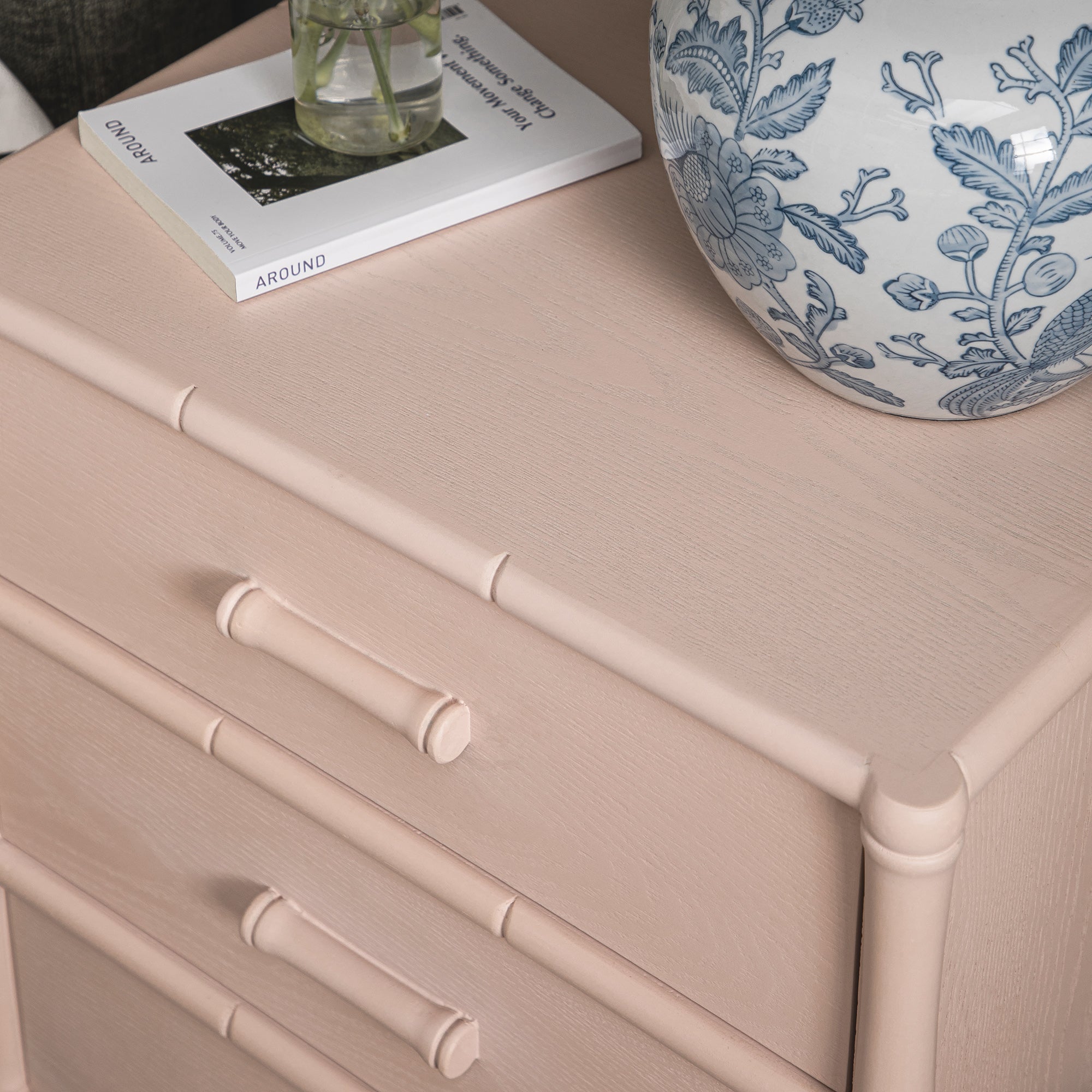 Elstowe Faux Bamboo 3-Drawer Nightstand, Nude Pink
