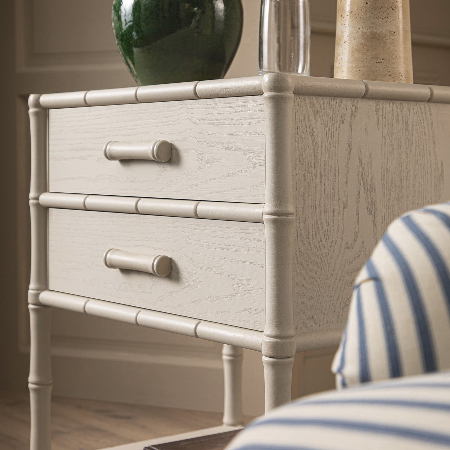 Elstowe Faux Bamboo 2-Drawer Nightstand, Shaded White