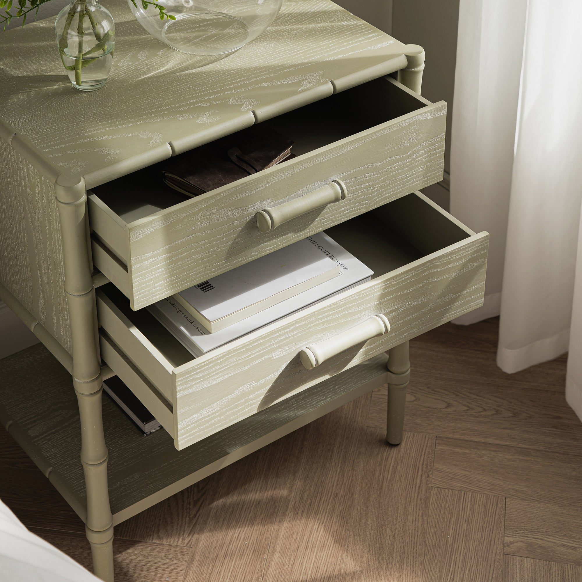 Elstowe Faux Bamboo 2-Drawer Nightstand, Sage Green